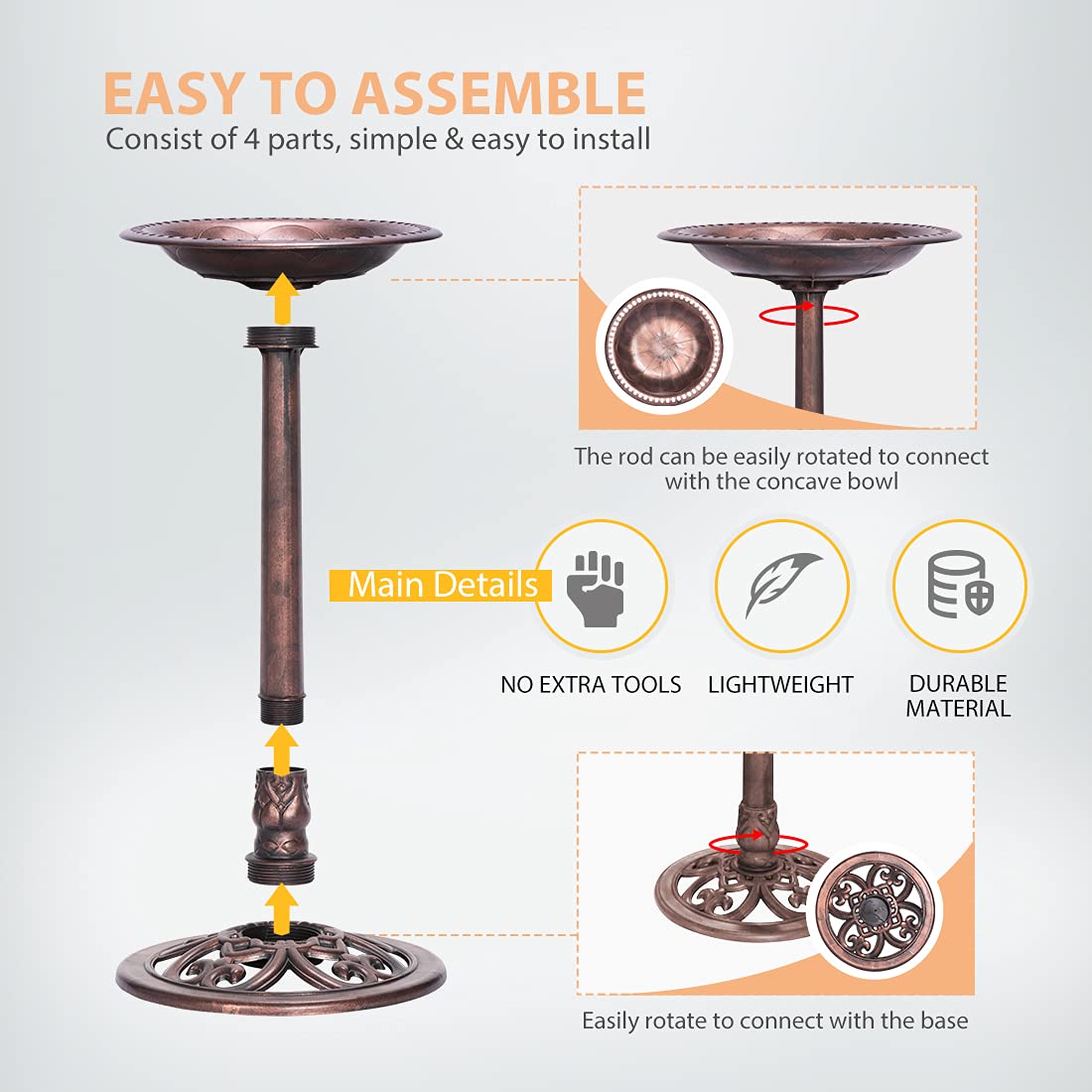 VIVOHOME weather-resistant bronze bird bath endures sun and rain while preserving color