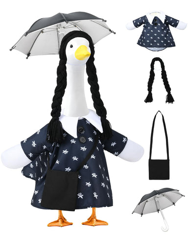 VIVOLOOM porch goose outfit in Addams black dress for Halloween yard decor.