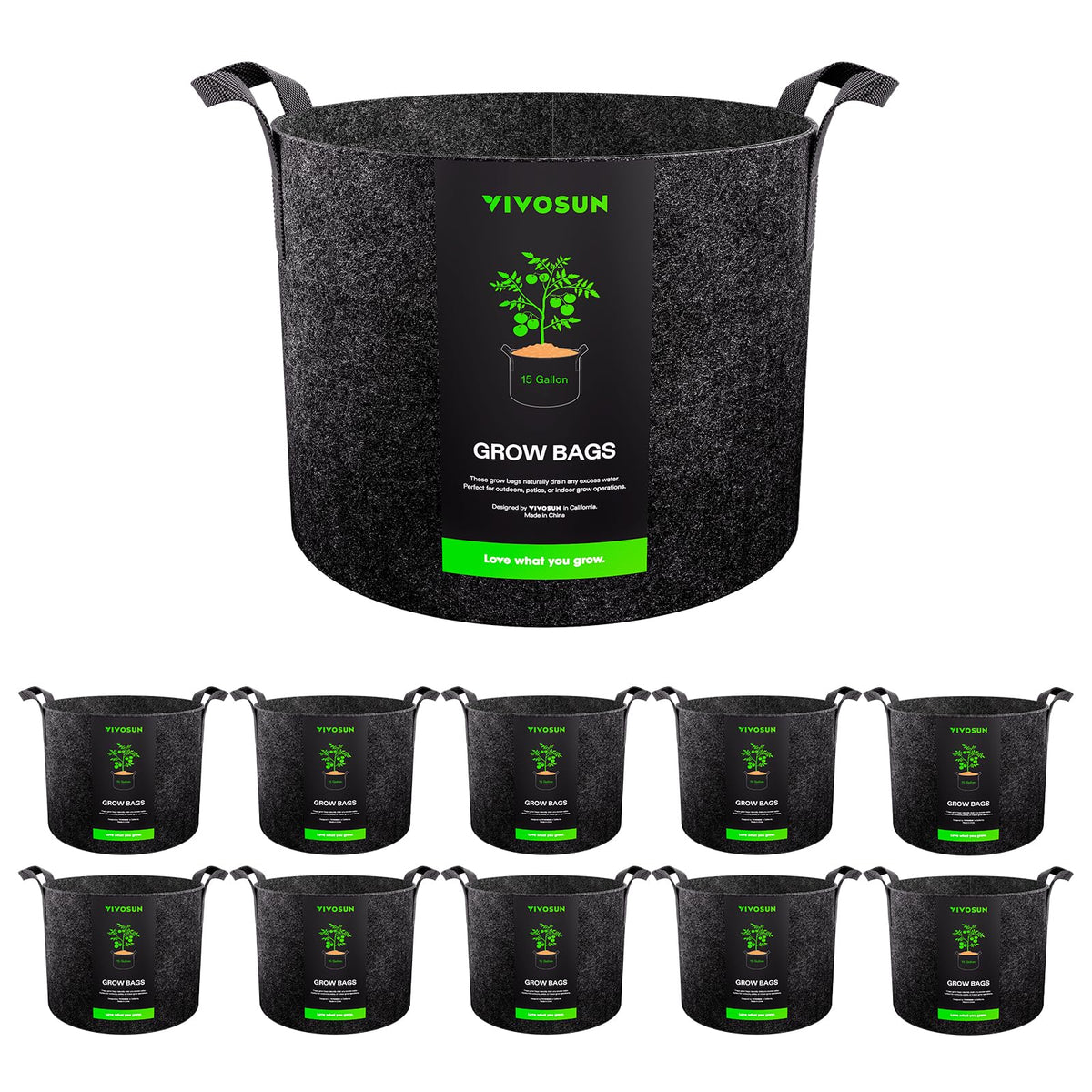 VIVOSUN 15-gallon grow bags side view showing breathable fabric for healthy roots.