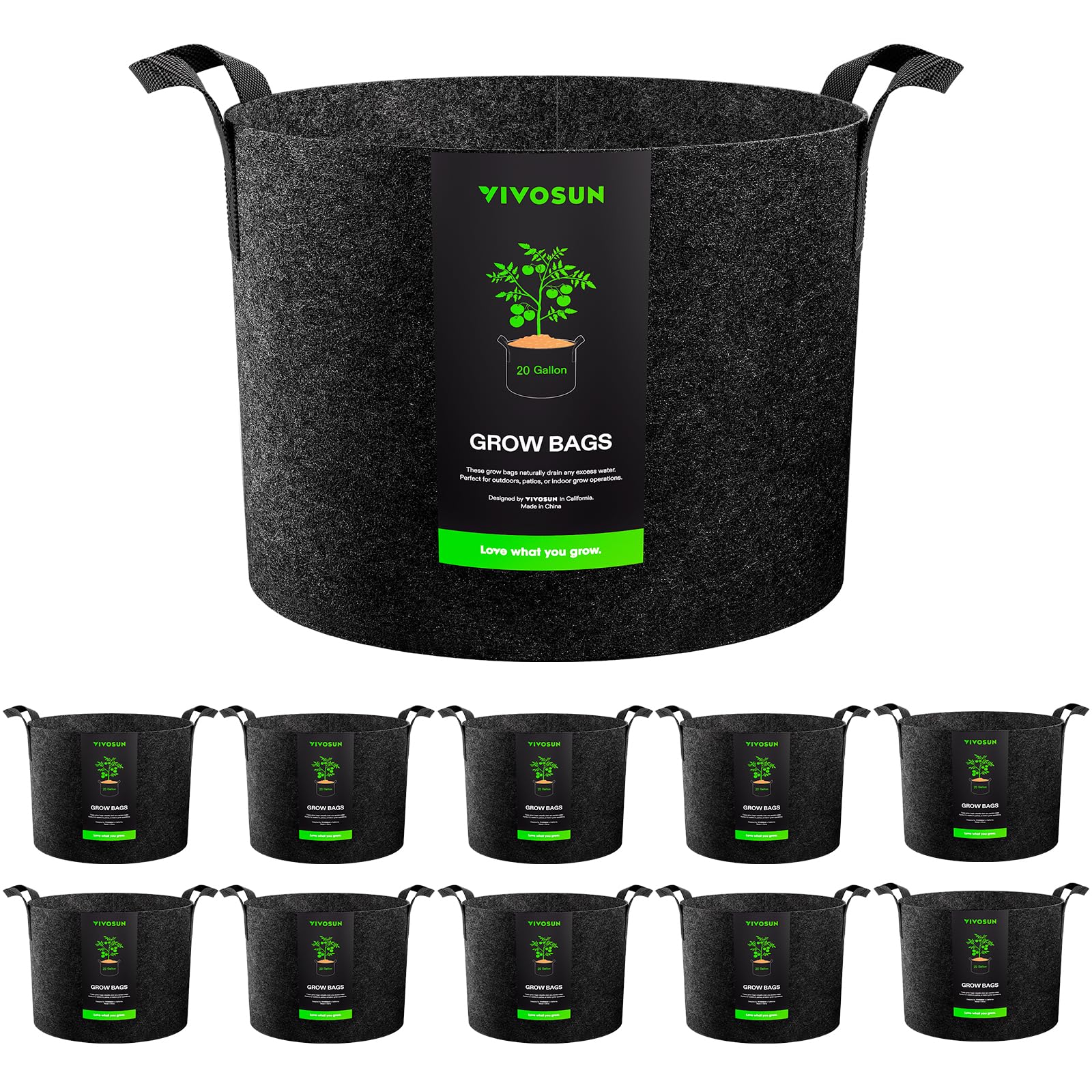 VIVOSUN 20-gallon grow bags ready for versatile outdoor planting with improved drainage.