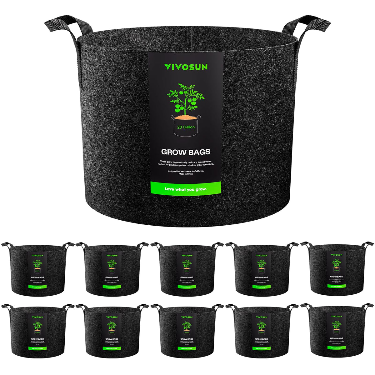 VIVOSUN 20-gallon grow bags ready for versatile outdoor planting with improved drainage.