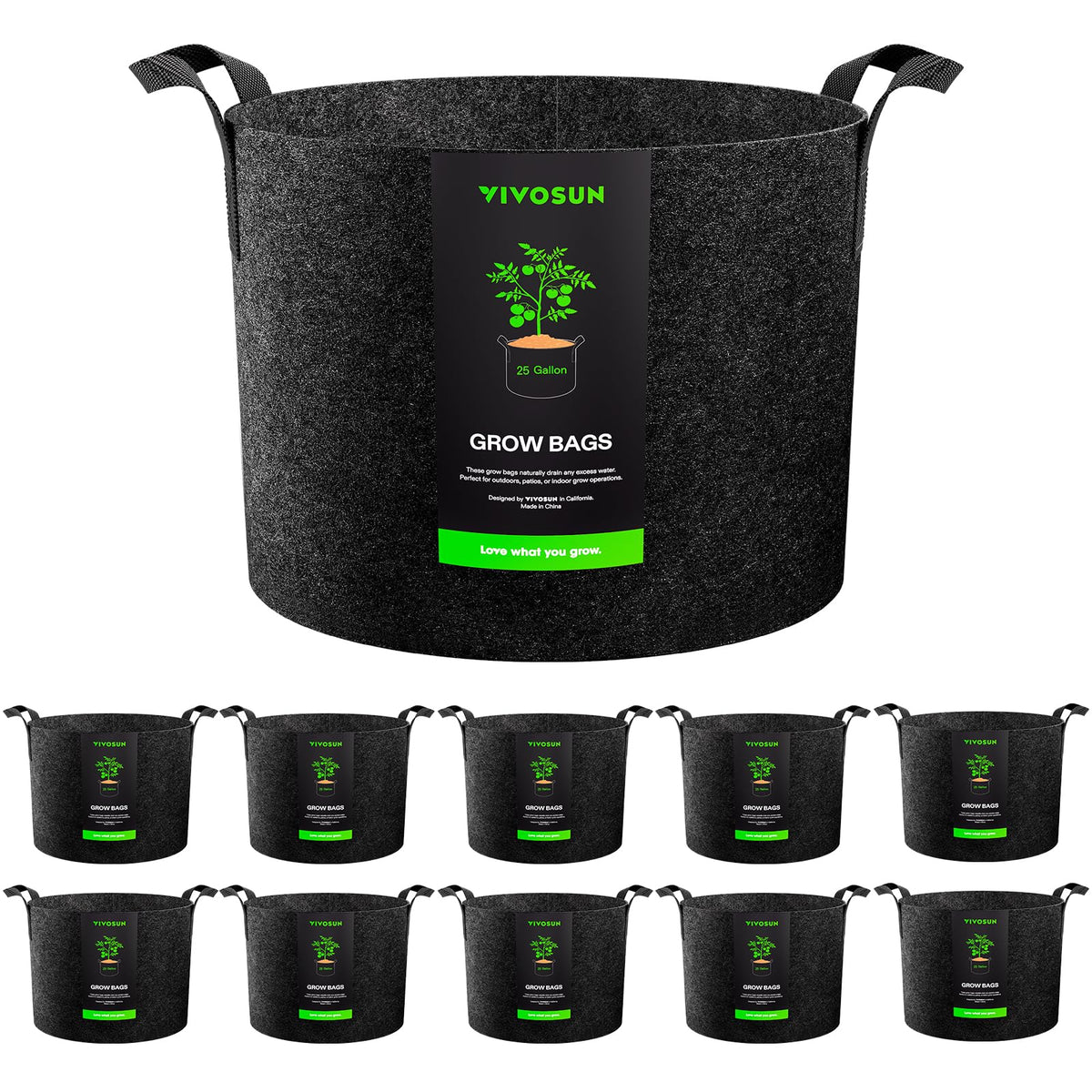 VIVOSUN 10-pack 25-gallon grow bags arranged for garden setup, sturdy and breathable.