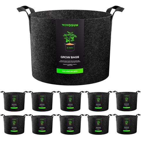 VIVOSUN 10-pack 25-gallon grow bags arranged for garden setup, sturdy and breathable.