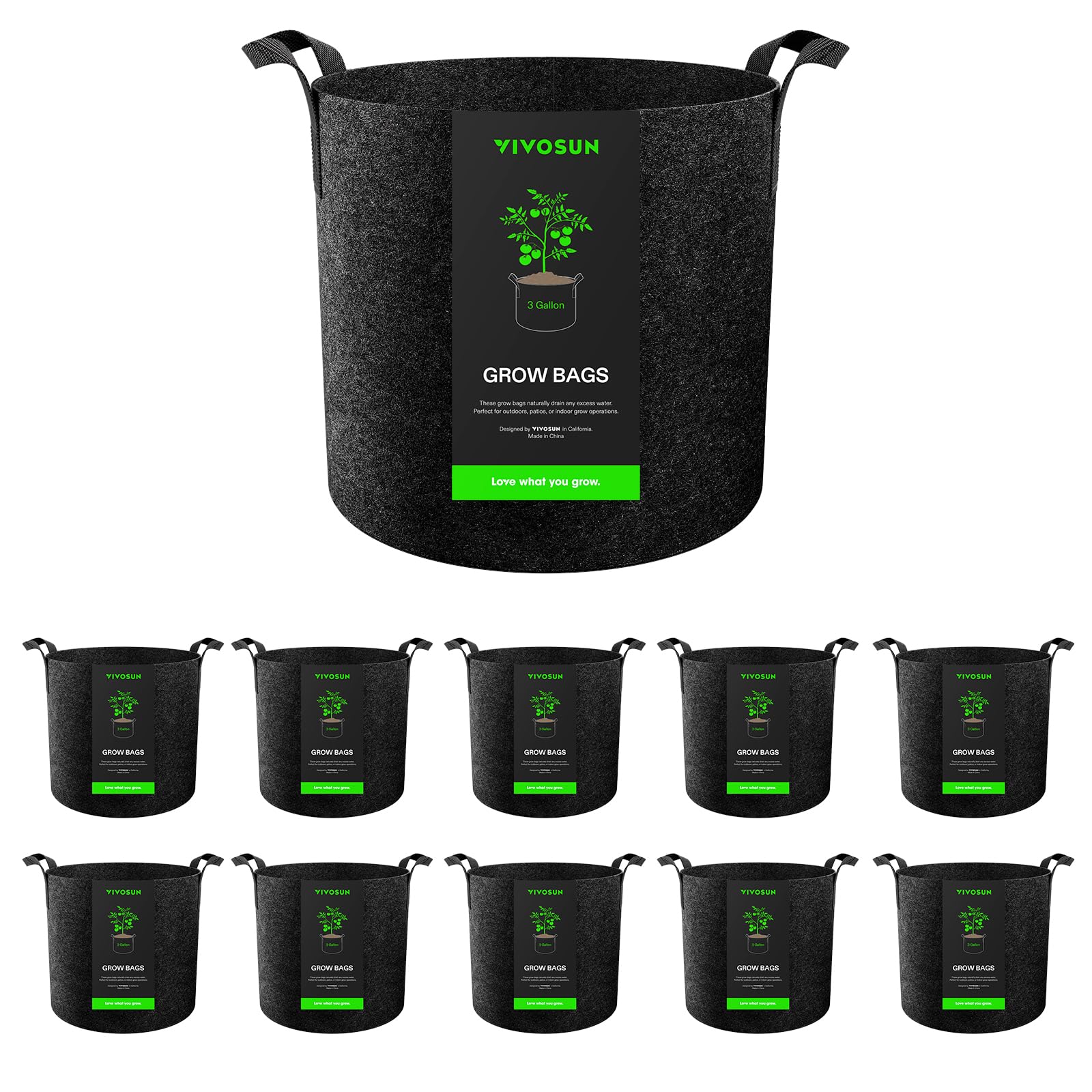 VIVOSUN 10-pack 3-gallon grow bags ready for planting with even soil distribution