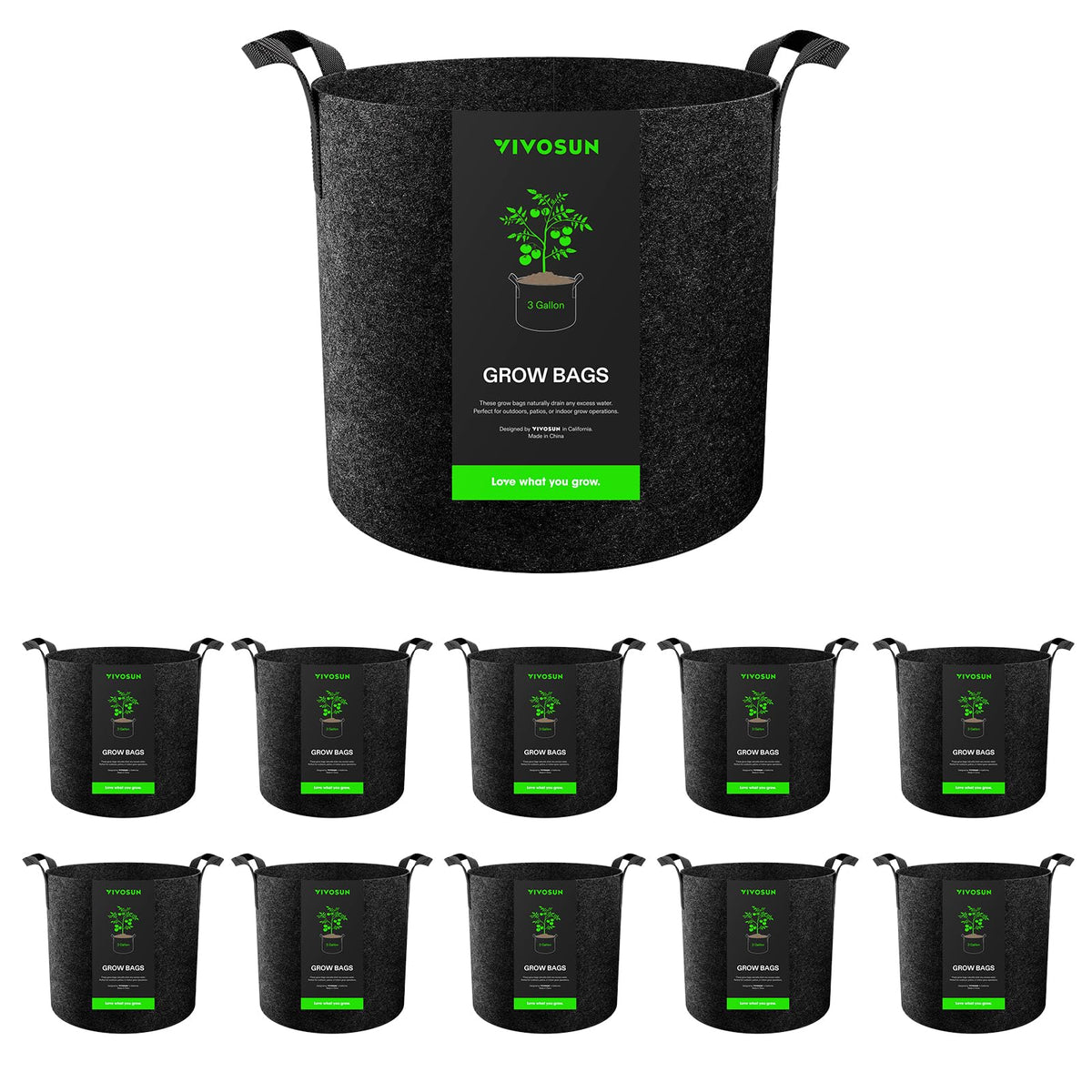 VIVOSUN 10-pack 3-gallon grow bags ready for planting with even soil distribution