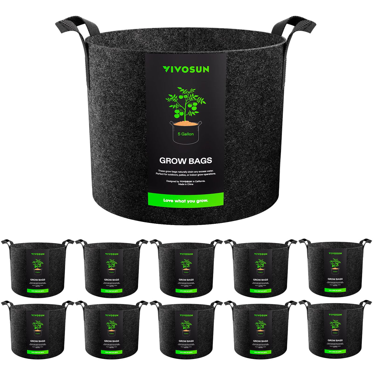 VIVOSUN 10-pack 5 gallon grow bags ready for setup and space-saving gardening.