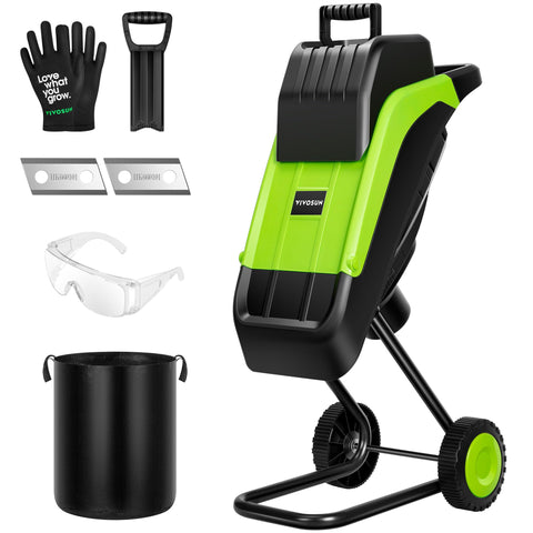 VIVOSUN 15-Amp wood chipper hopper shows capacity for branches up to 1.57 inches.