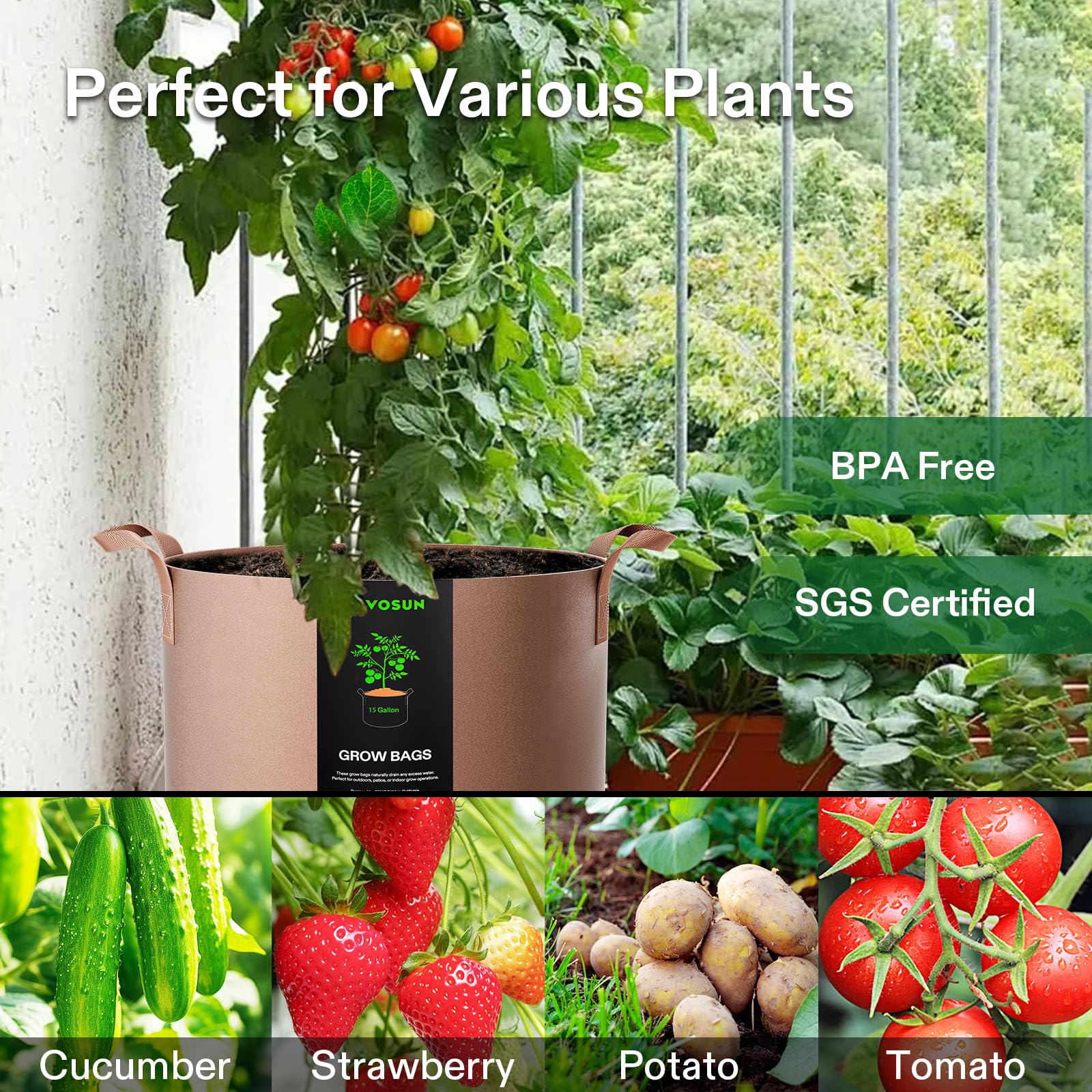 VIVOSUN 15-gallon bags support compact space-saving gardening.