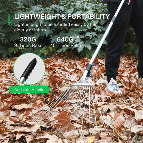 VIVOSUN 15-tine rake extended to cover a wide lawn area