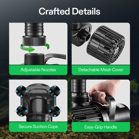 Quiet performance and energy-saving design enhances garden ponds and hydroponic setups.