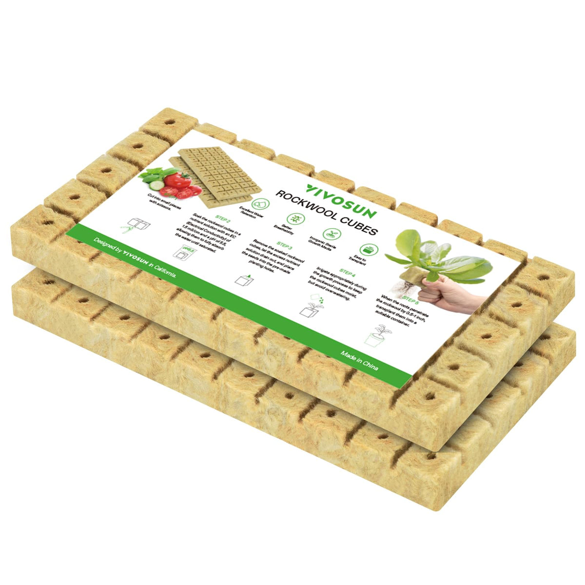 VIVOSUN 1-Inch Rockwool Cubes pack shot for hydroponics, ready for seed starting.