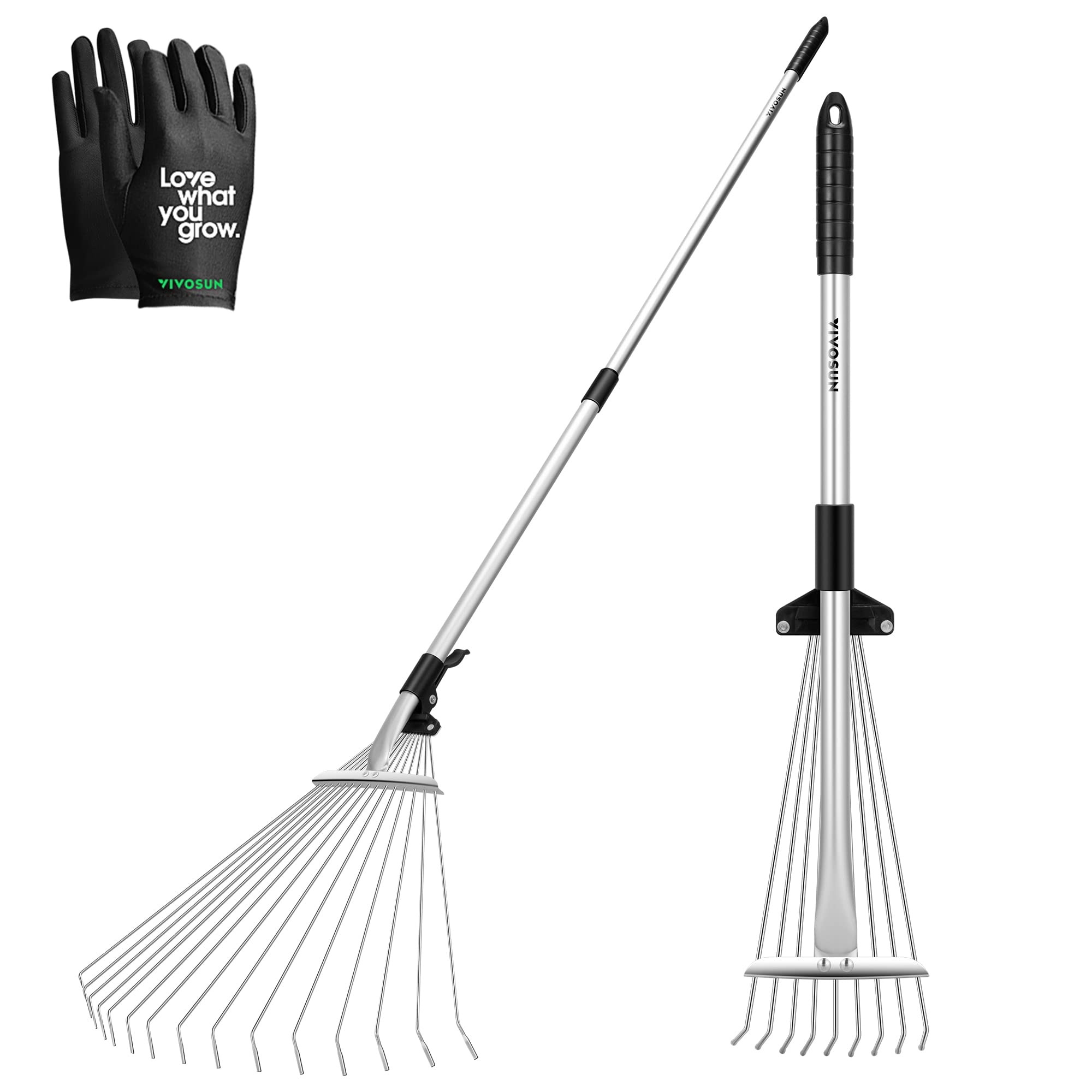 VIVOSUN 2-Piece Leaf Rake Set ready for yard cleanup with plant-friendly tines