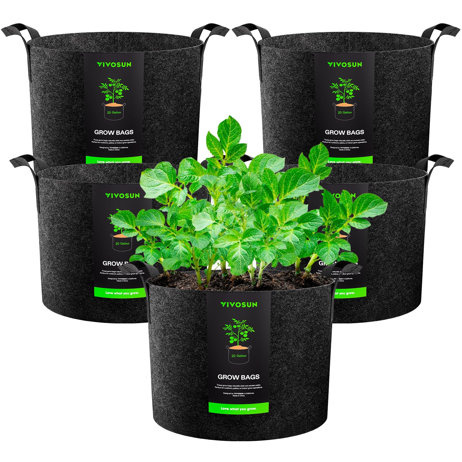 VIVOSUN 20-gallon grow bag side view highlights durable fabric for long-lasting use