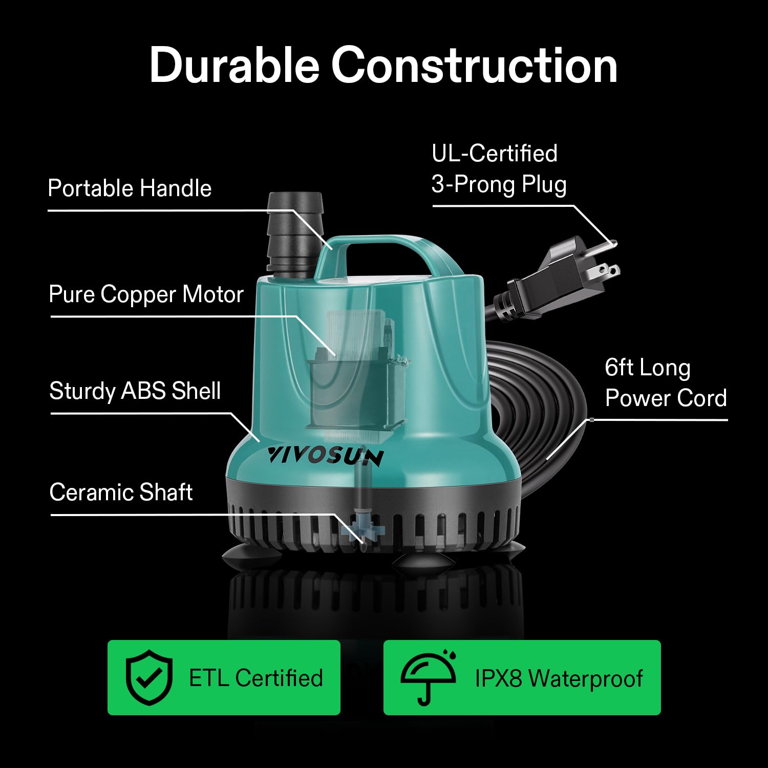 VIVOSUN 260GPH pump side view showing slim profile for tight spaces.