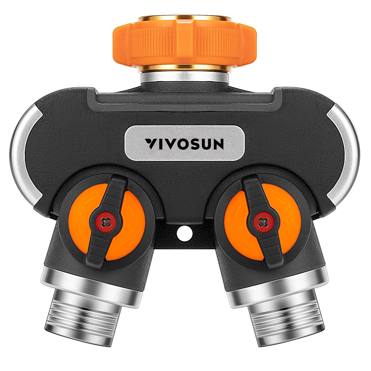 VIVOSUN 2-Way Garden Hose Splitter front view with dual outlets for two hoses.