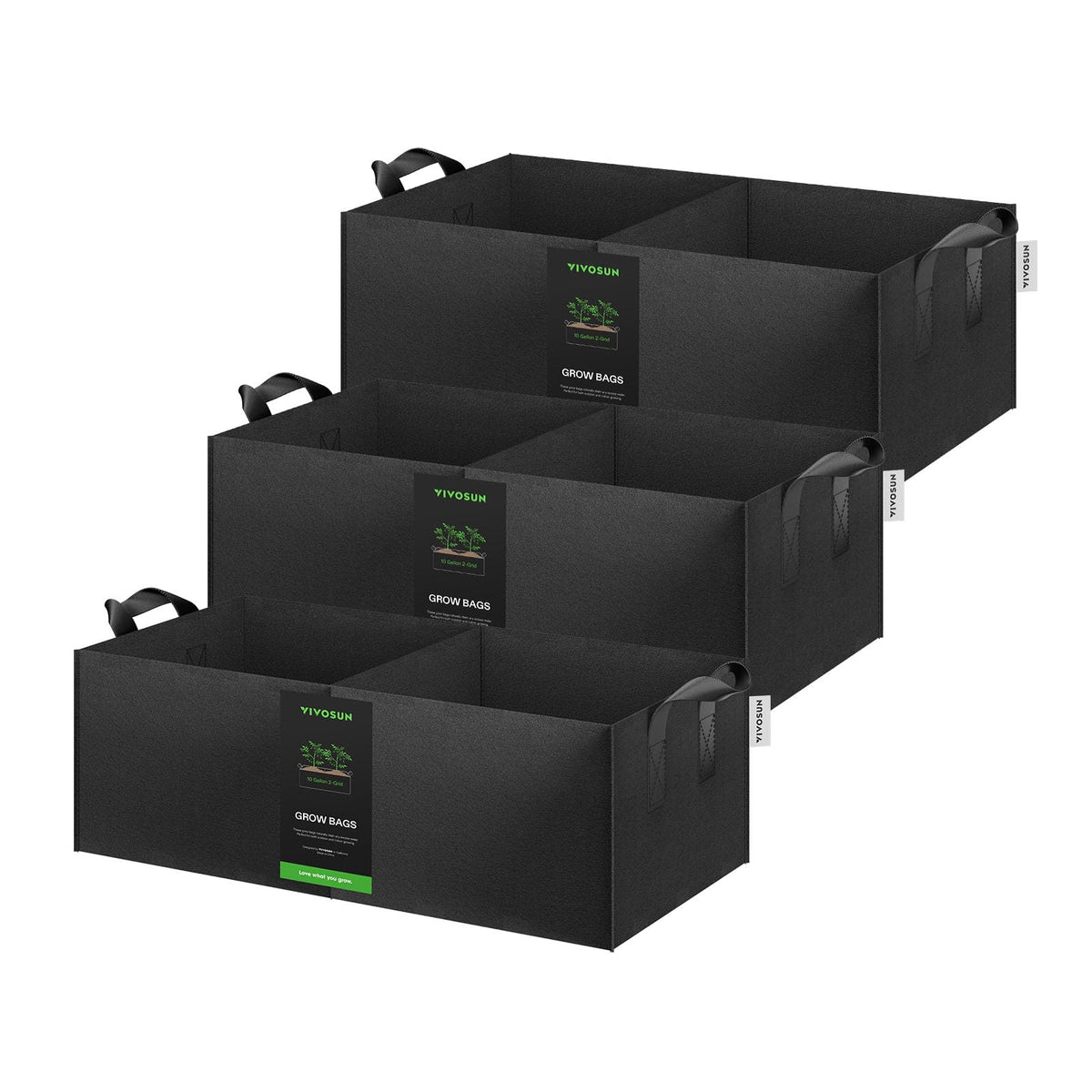 VIVOSUN 3-Pack 2-Grid 10 Gallon Grow Bags showing dual planting spaces for compact setups and balconies.