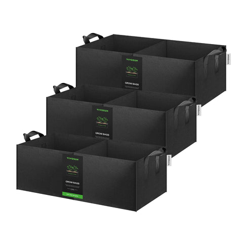 VIVOSUN 3-Pack 2-Grid 10 Gallon Grow Bags showing dual planting spaces for compact setups and balconies.