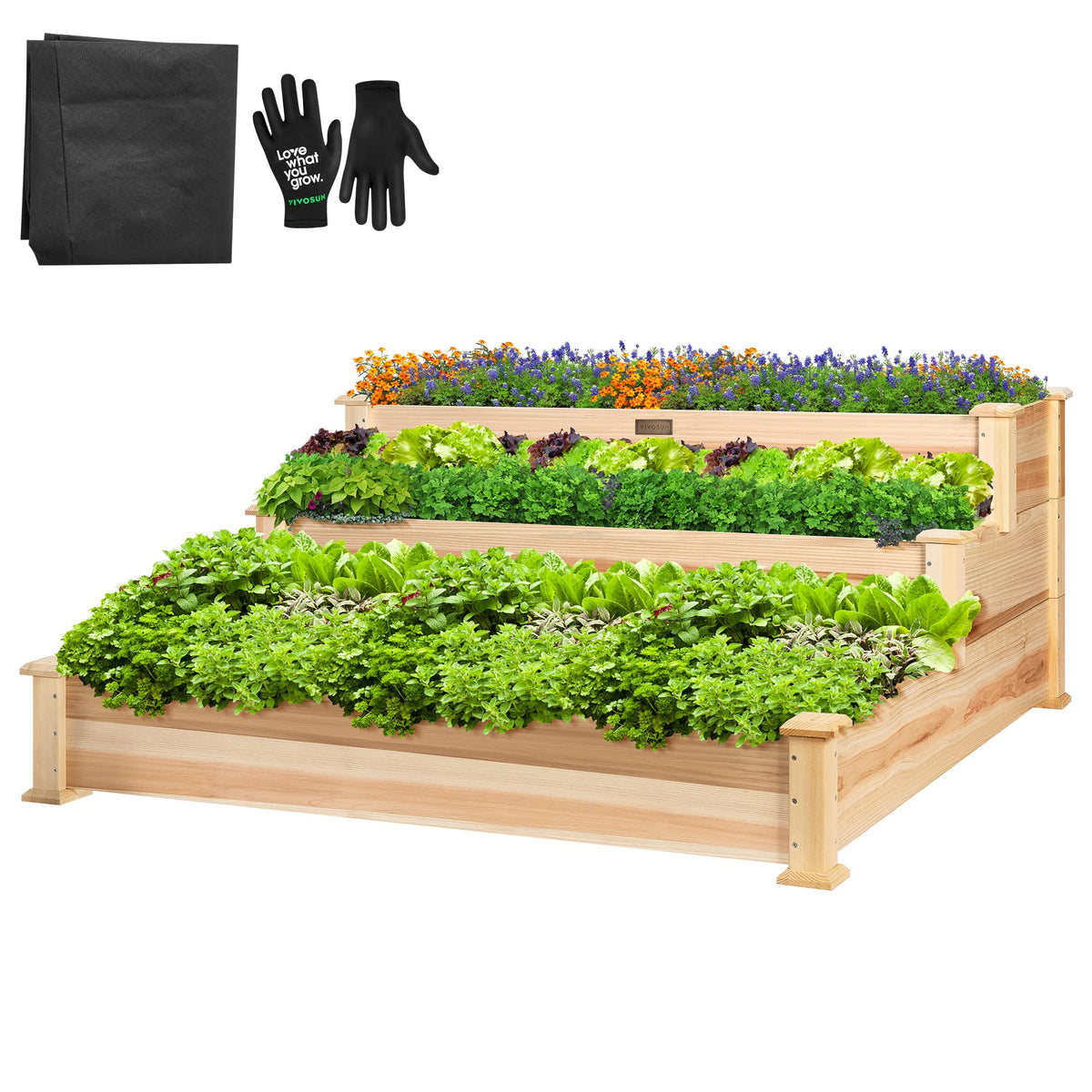 VIVOSUN 3 tier wooden raised bed in stair-step layout for organized plantings.