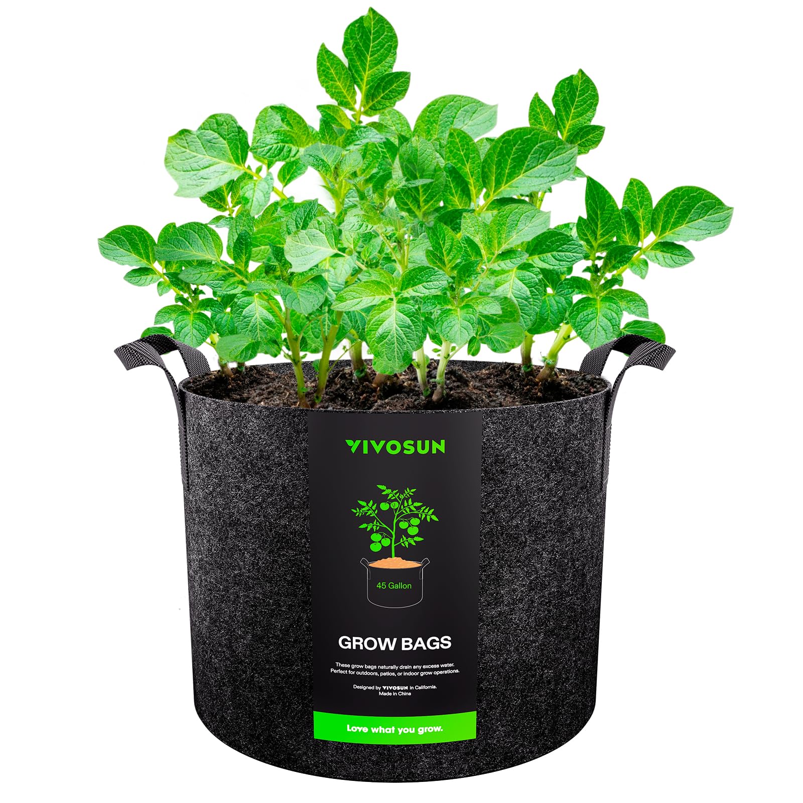 VIVOSUN 45-gallon grow bag with handles for easy soil transport.