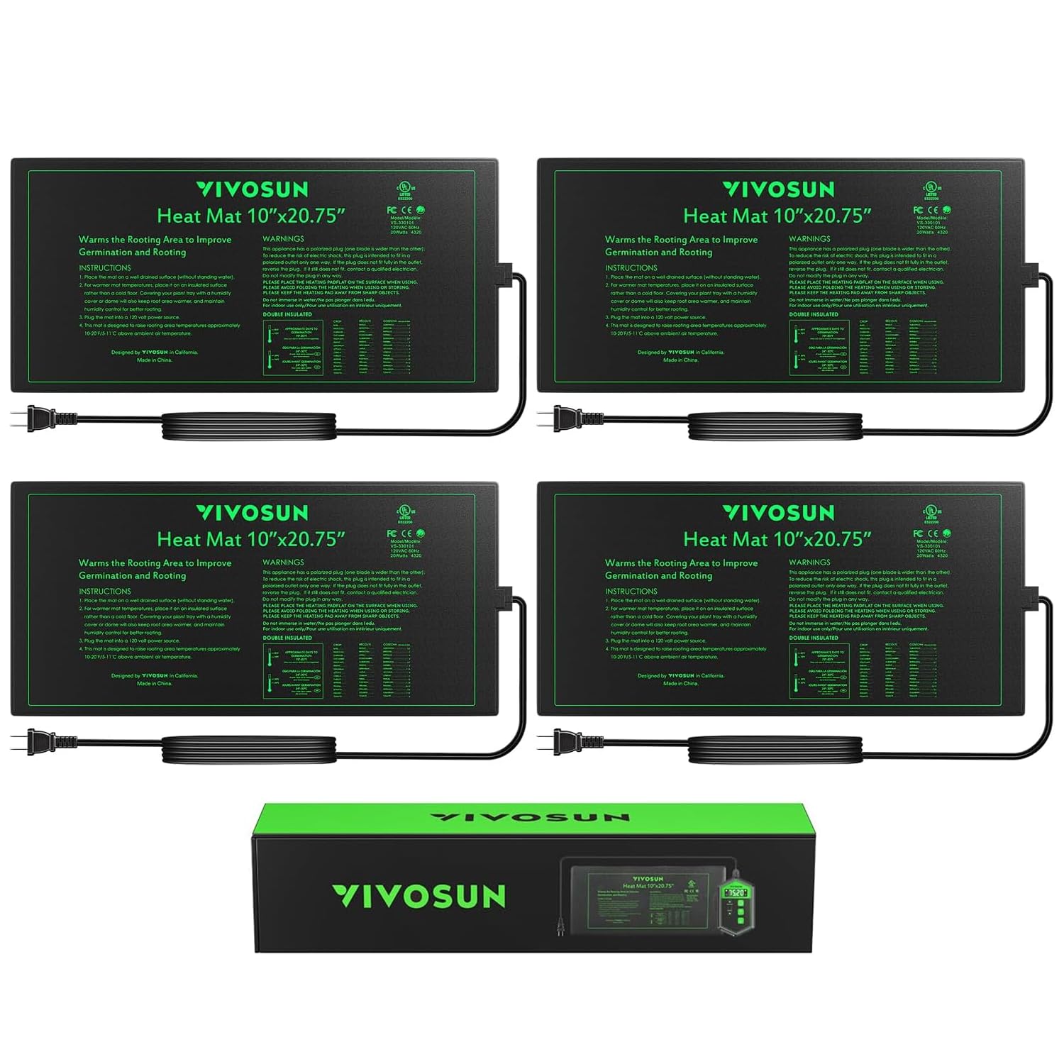 VIVOSUN four-pack heat mats laid flat for uniform warmth across trays