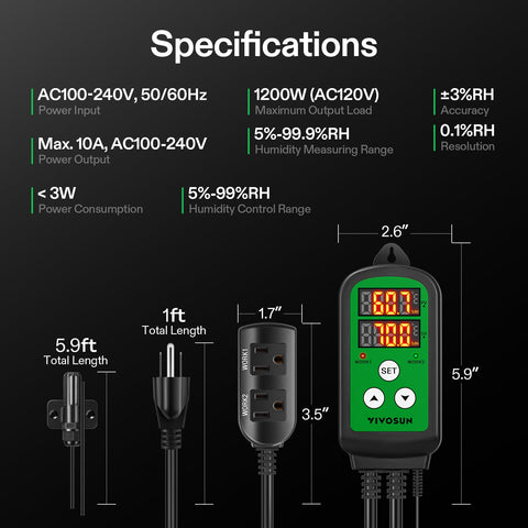 VIVOSUN 5.9-ft power cord offers flexible placement and wiring options.