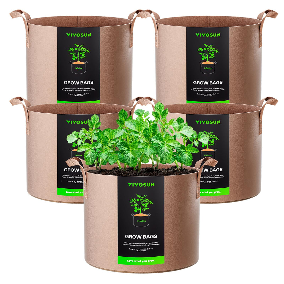 VIVOSUN 5-pack 1-gallon grow bags with durable strap handles for easy lifting and transport.