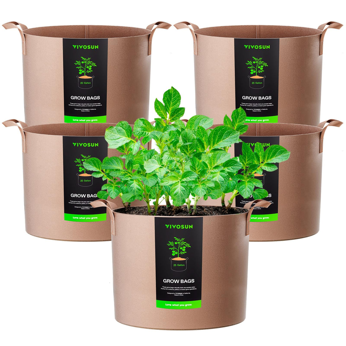 VIVOSUN 5-pack 25-gallon grow bags top view for organized garden setup