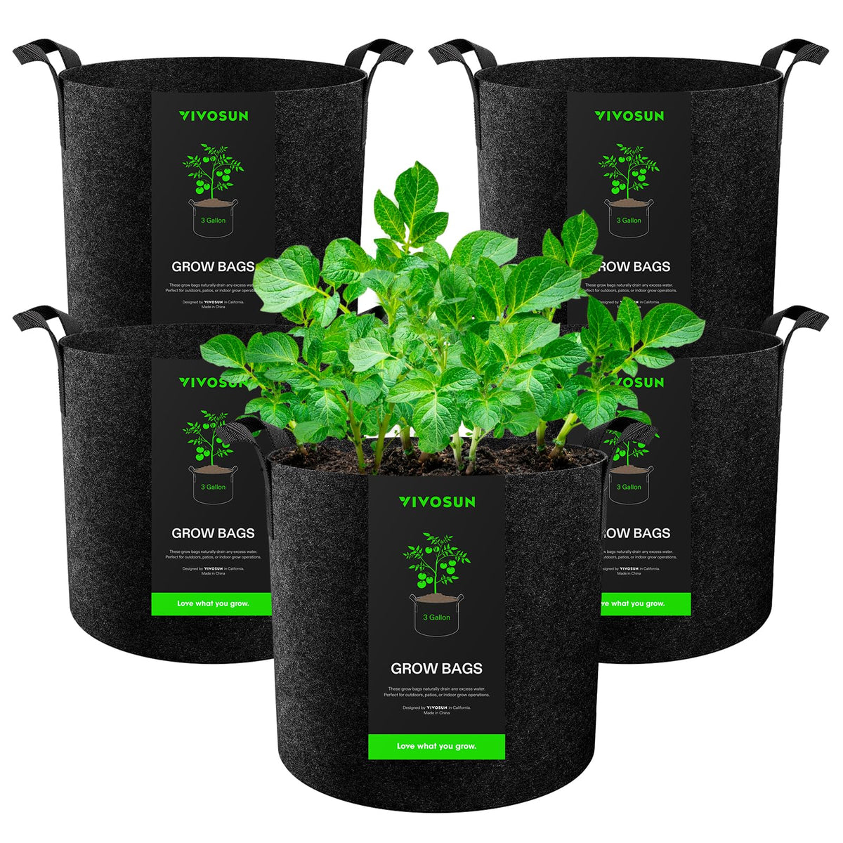 VIVOSUN 3-gallon grow bags stacked for easy storage and bulk purchase.