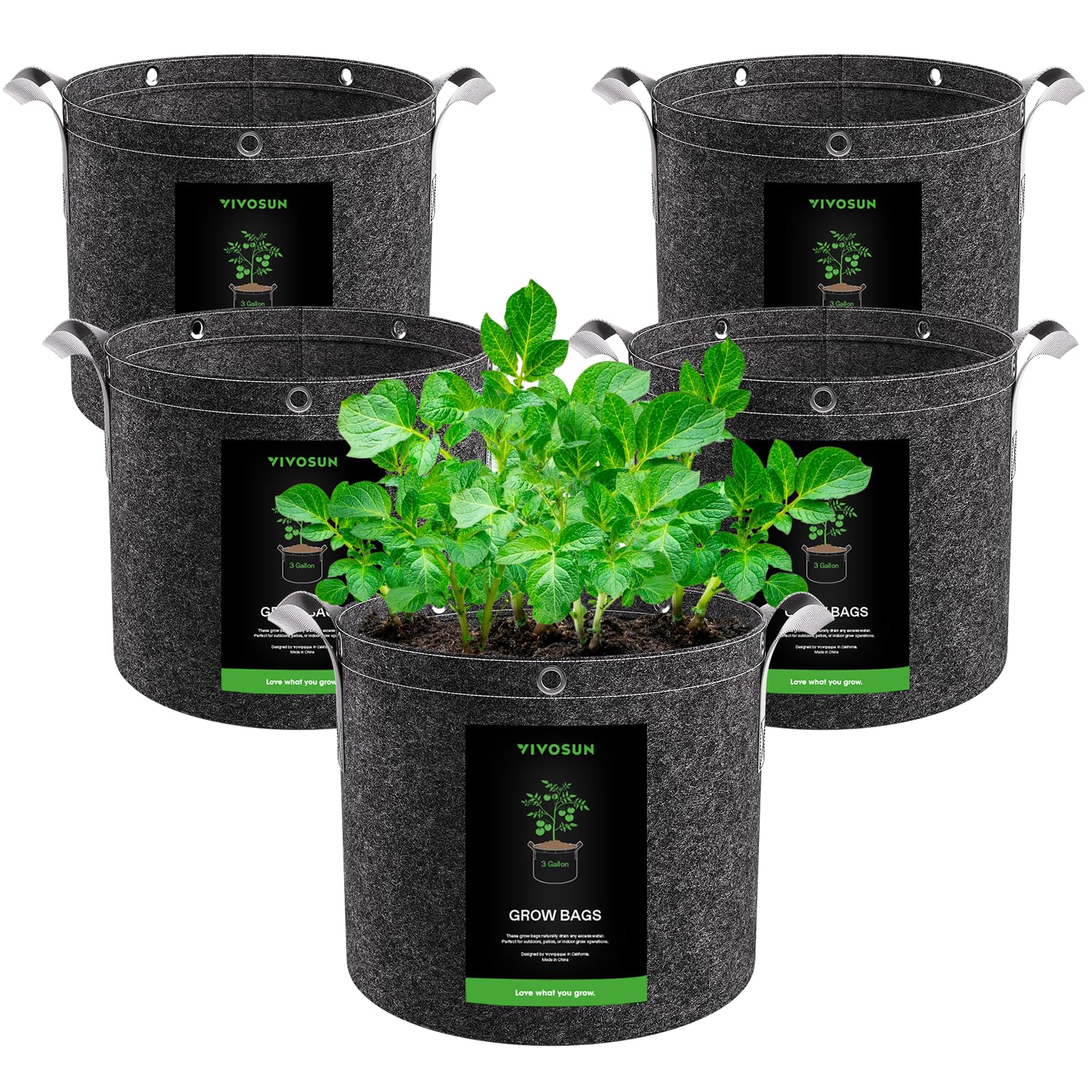 VIVOSUN 5-pack grow bags with thick nonwoven fabric for better root aeration.