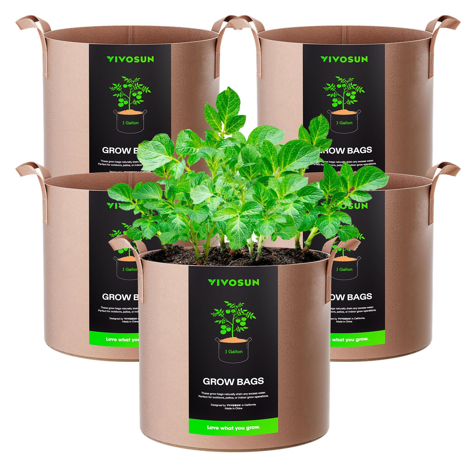 VIVOSUN 5-pack 3-gallon grow bags in tan with thickened nonwoven fabric for durable use.