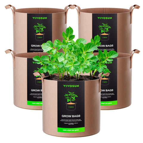 VIVOSUN 5-pack 3-gallon grow bags in tan with thickened nonwoven fabric for durable use.