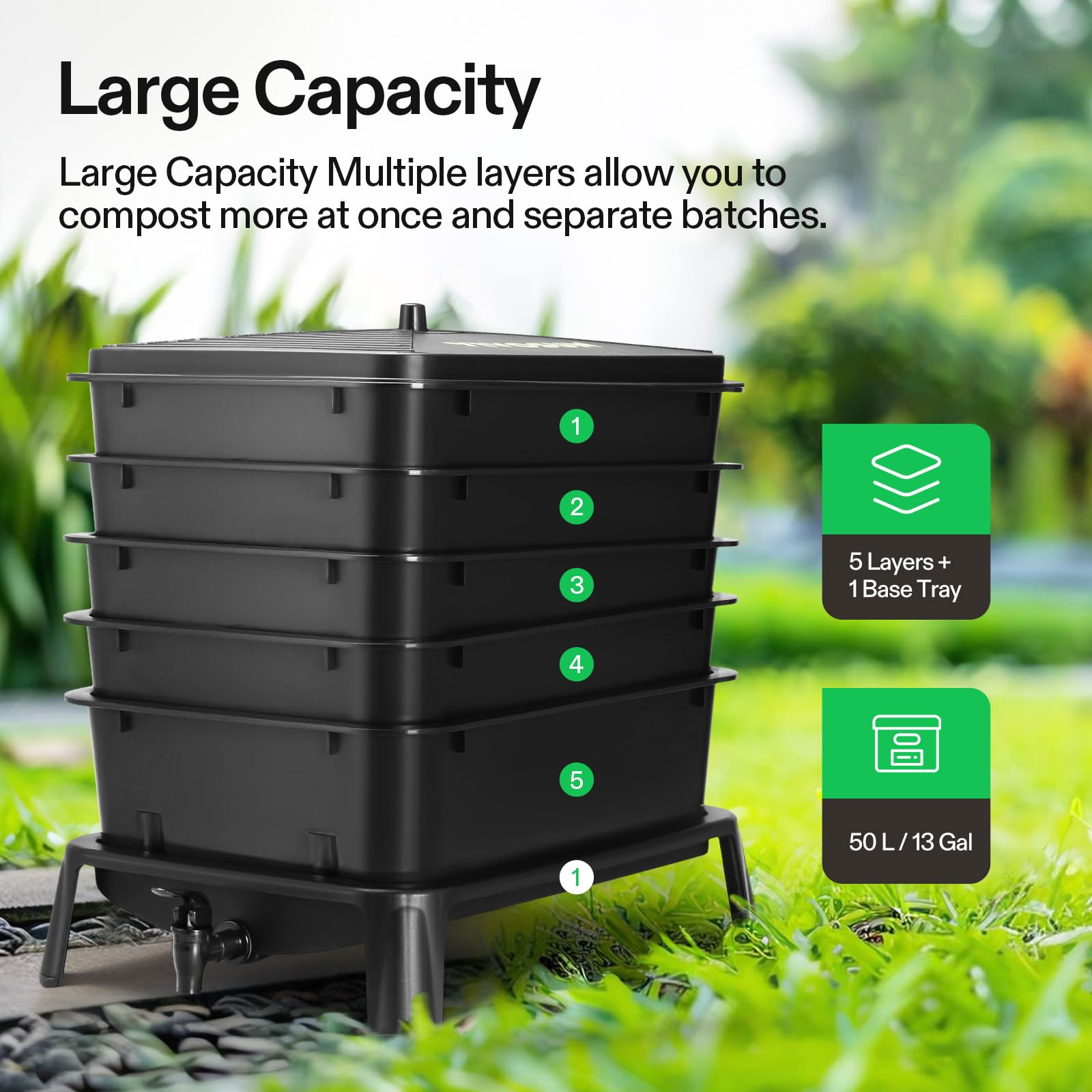 VIVOSUN 50L worm compost bin stack design enabling larger batches of scraps