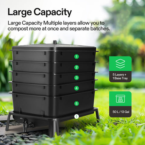 VIVOSUN 50L worm compost bin stack design enabling larger batches of scraps