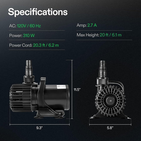 Label view of VIVOSUN 5300 GPH pump with lift height details up to 20 ft