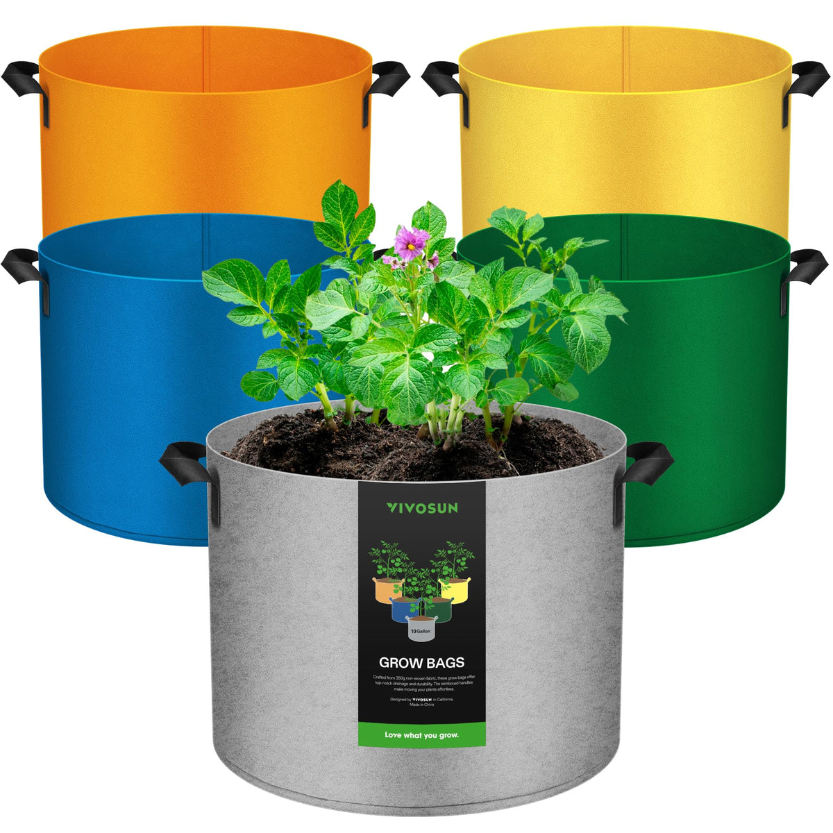 VIVOSUN yellow 10-gallon grow bag in sunlit bed, color helps variety identification