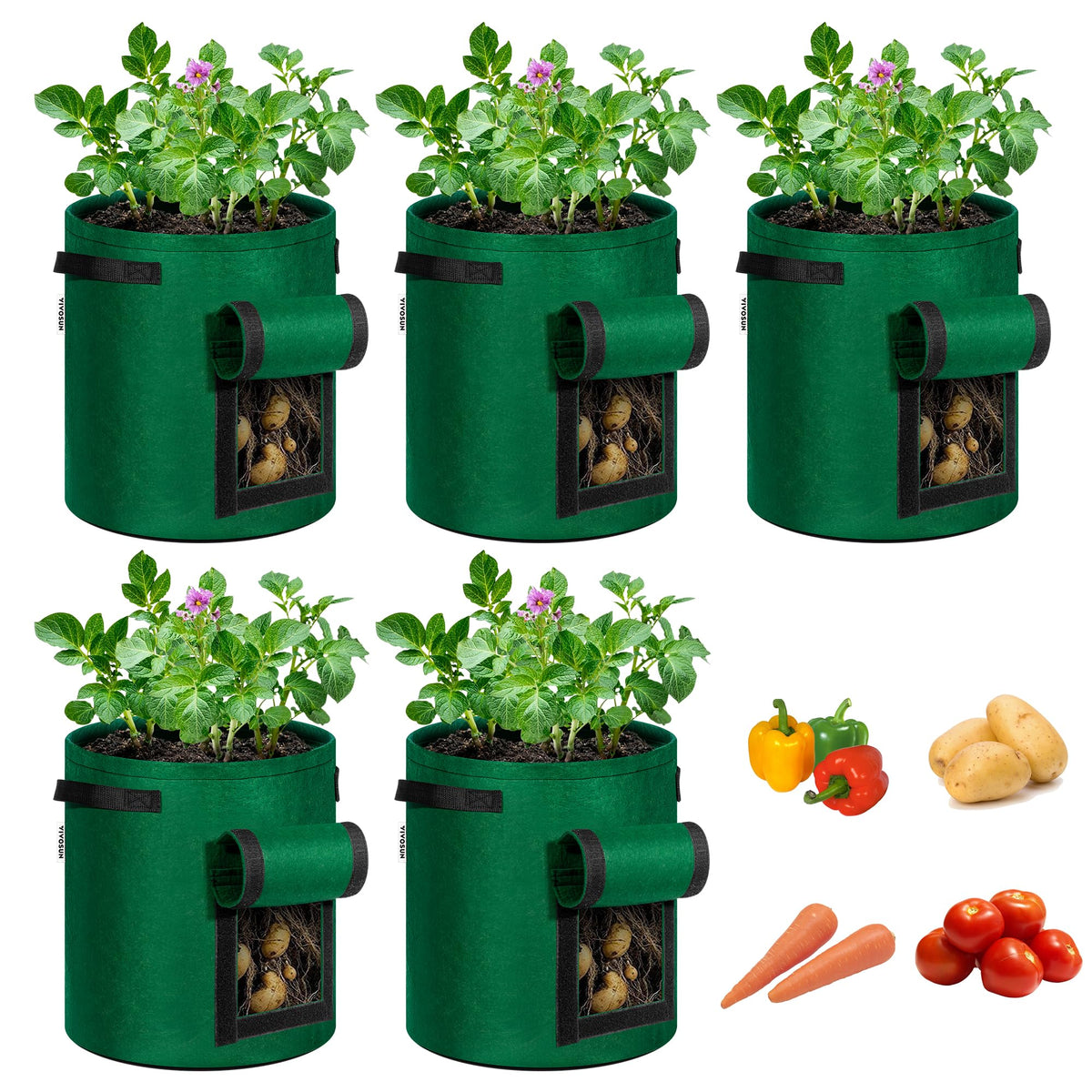 VIVOSUN 5-pack 10-gallon potato grow bag with handles for easy relocation.