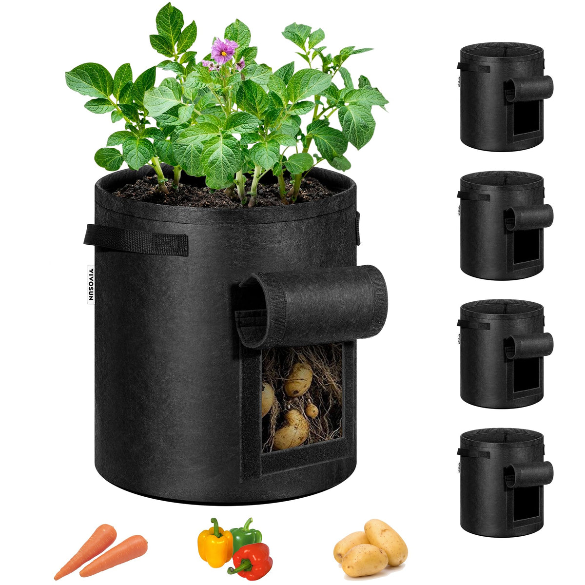 VIVOSUN 5-pack potato grow bags with handles and window for easy harvest.