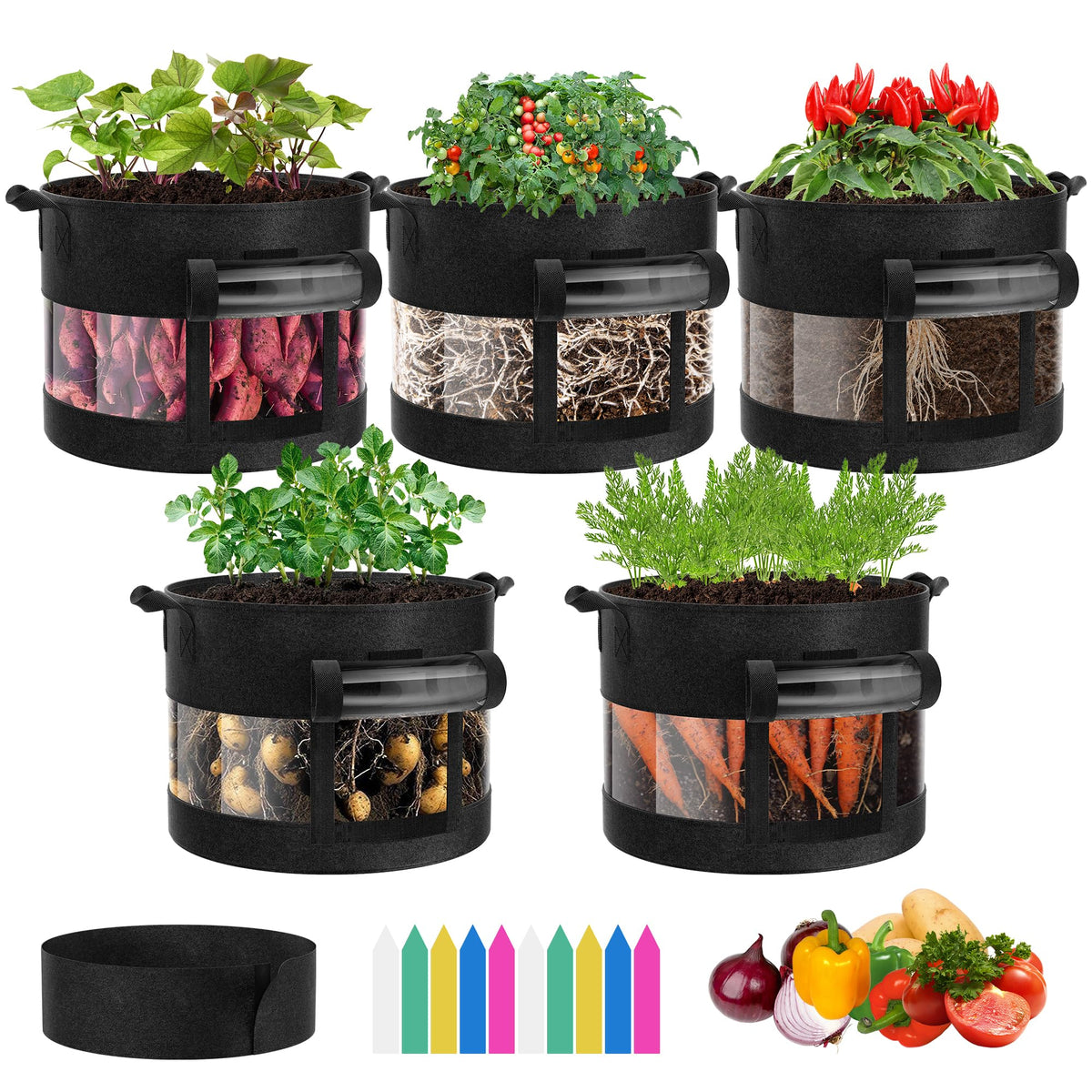 VIVOSUN 5-pack potato grow bags with 360° visibility for easy root observation.