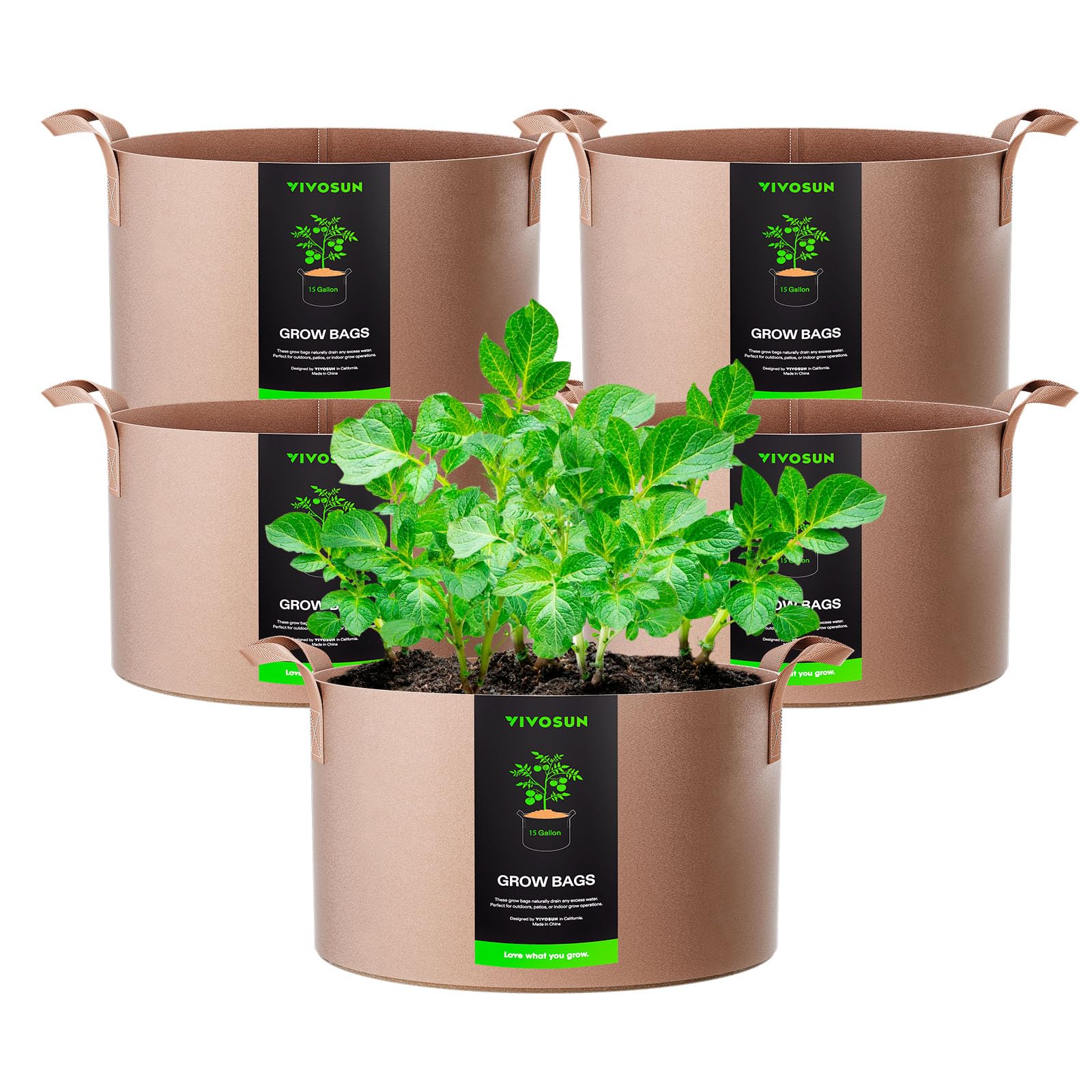 VIVOSUN 5-pack grow bags with thickened fabric for outdoor gardening.