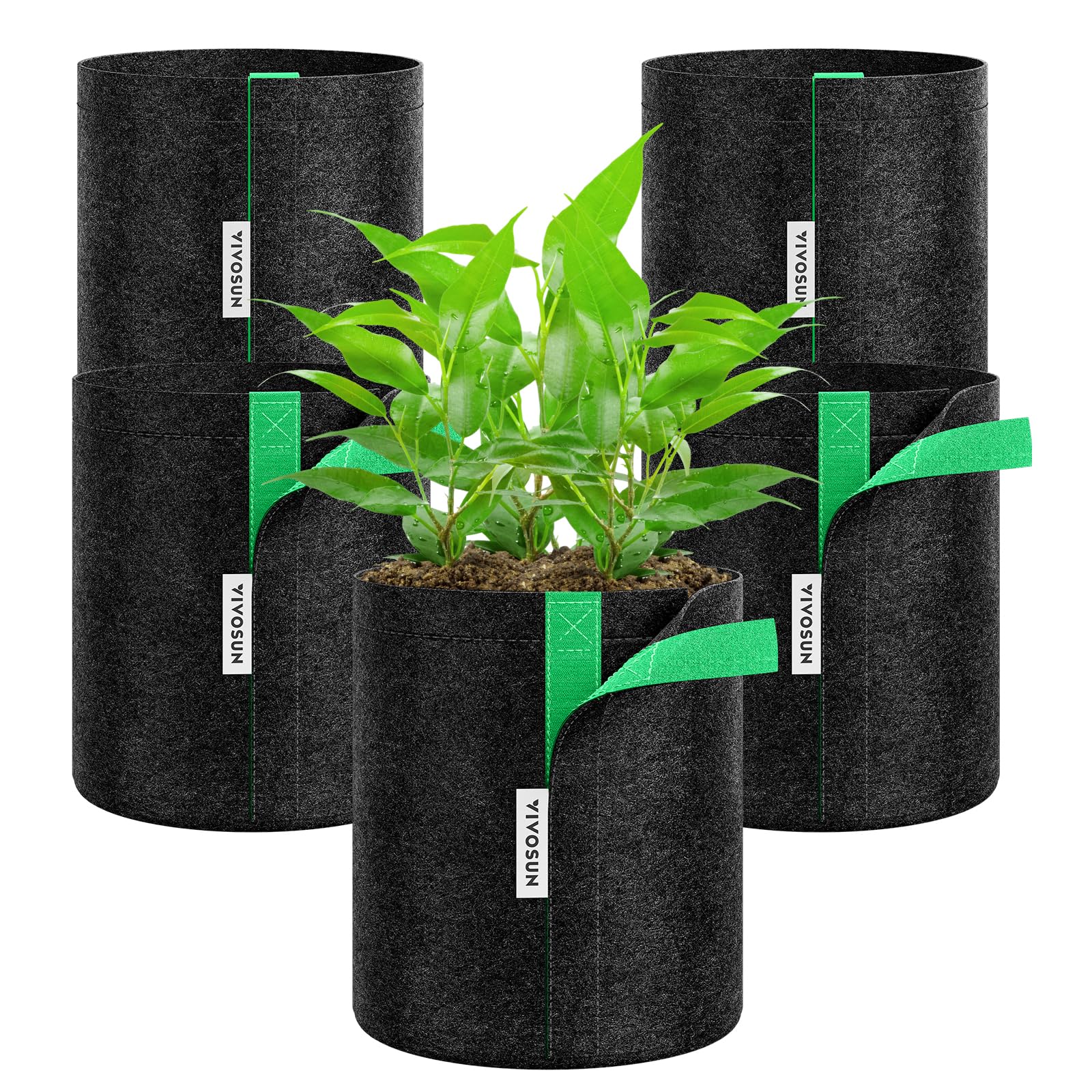 VIVOSUN 5-pack 2 gal grow bags with side seam for easy transplanting.