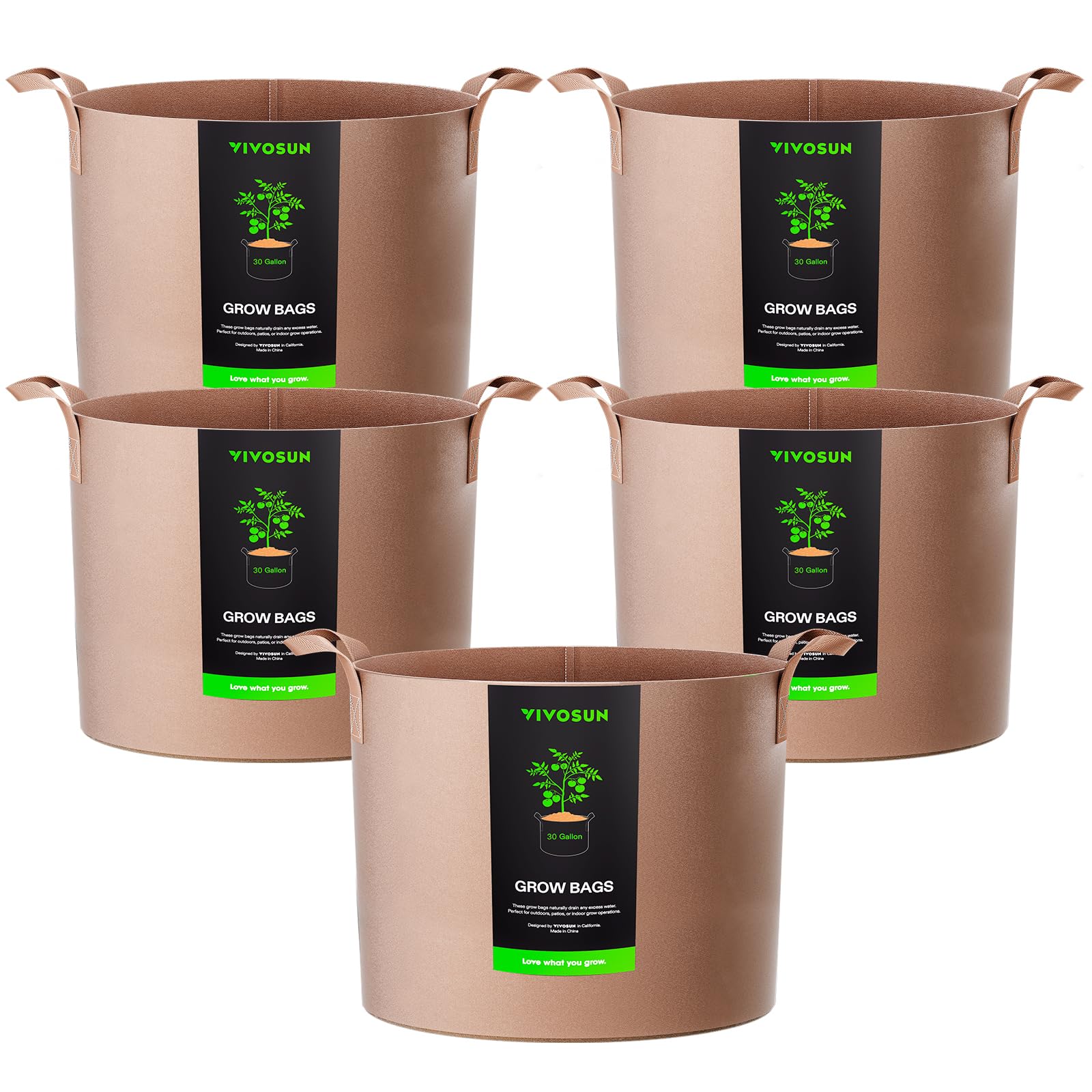 VIVOSUN 5-pack 30 gallon grow bags with sturdy handles for easy lifting.