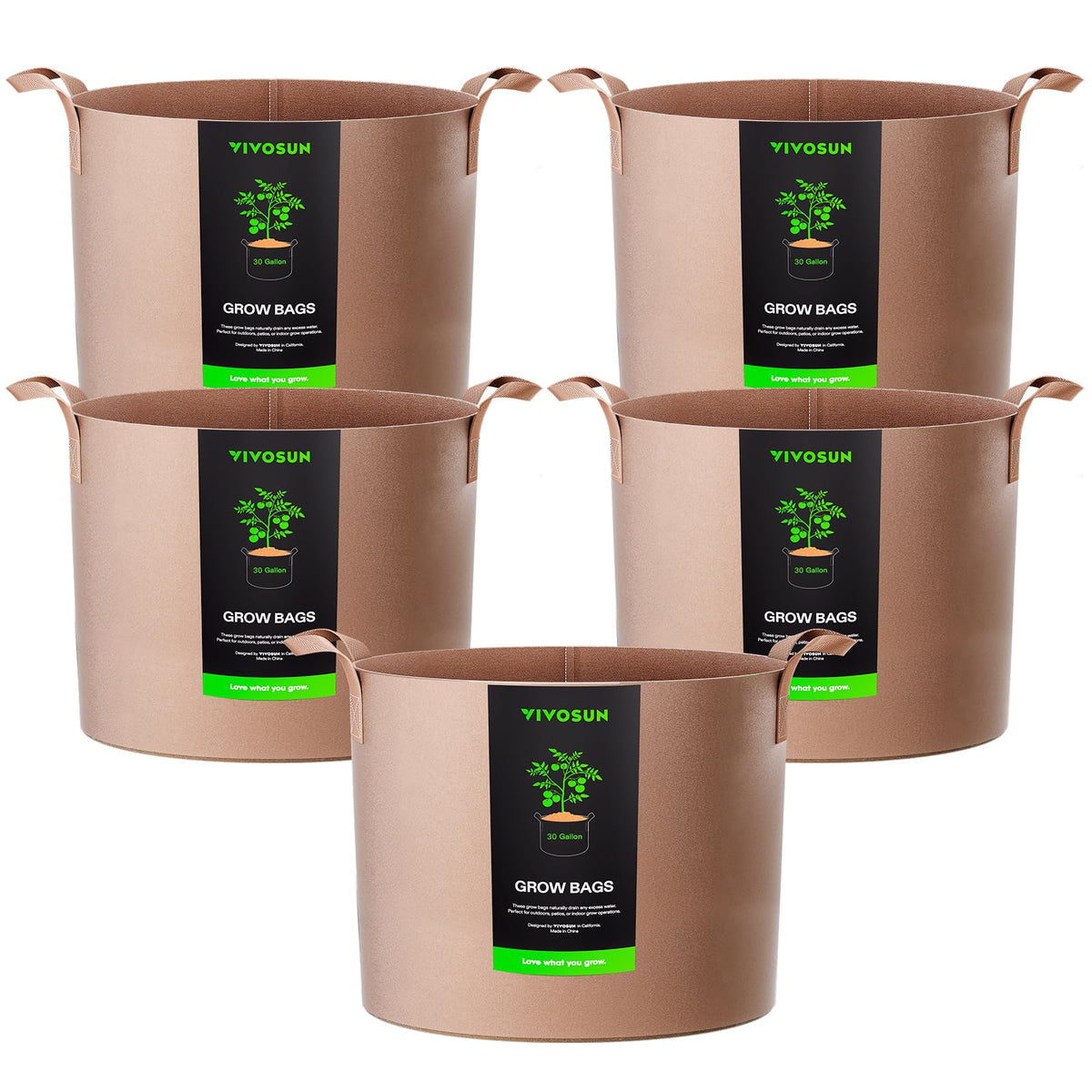 VIVOSUN 5-pack 30 gallon grow bags with sturdy handles for easy lifting.
