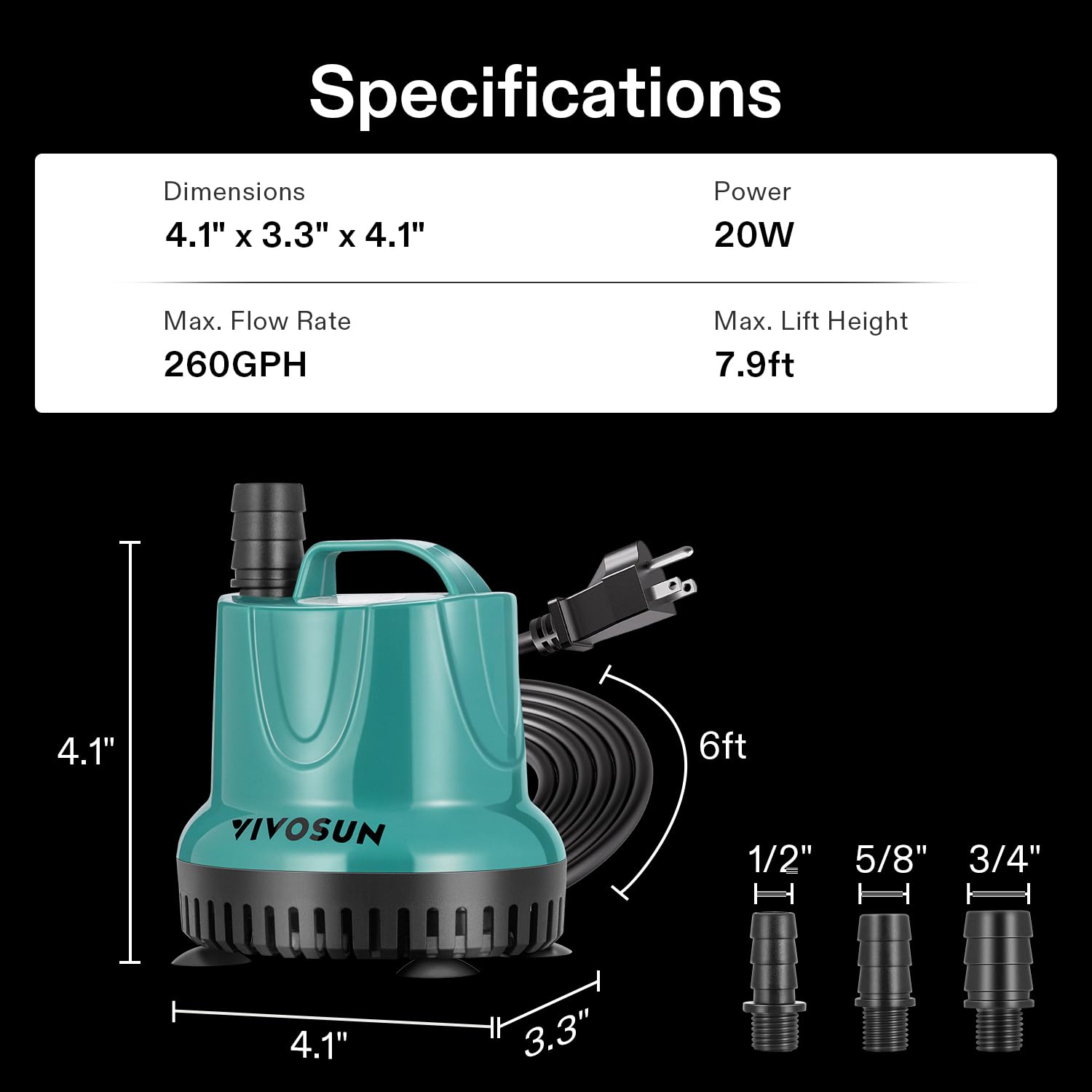 6ft power cord illustrating flexible installation around tanks and ponds.