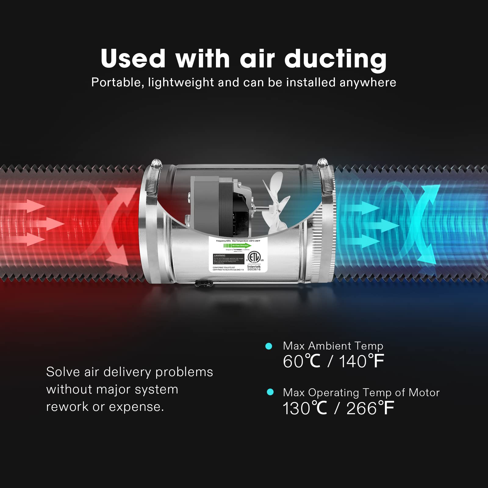 VIVOSUN 6in inline duct fan side view showing compact profile and quiet operation.