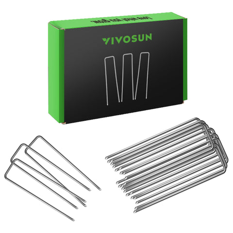 VIVOSUN 6-inch galvanized staples close-up with bevel tips for easy ground insertion.