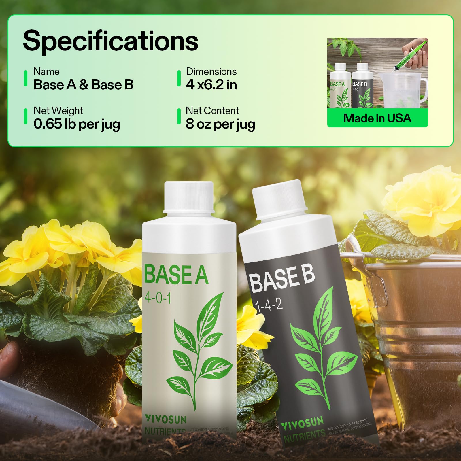 VIVOSUN 8oz nutrient set packaging showcases compact garden solution.