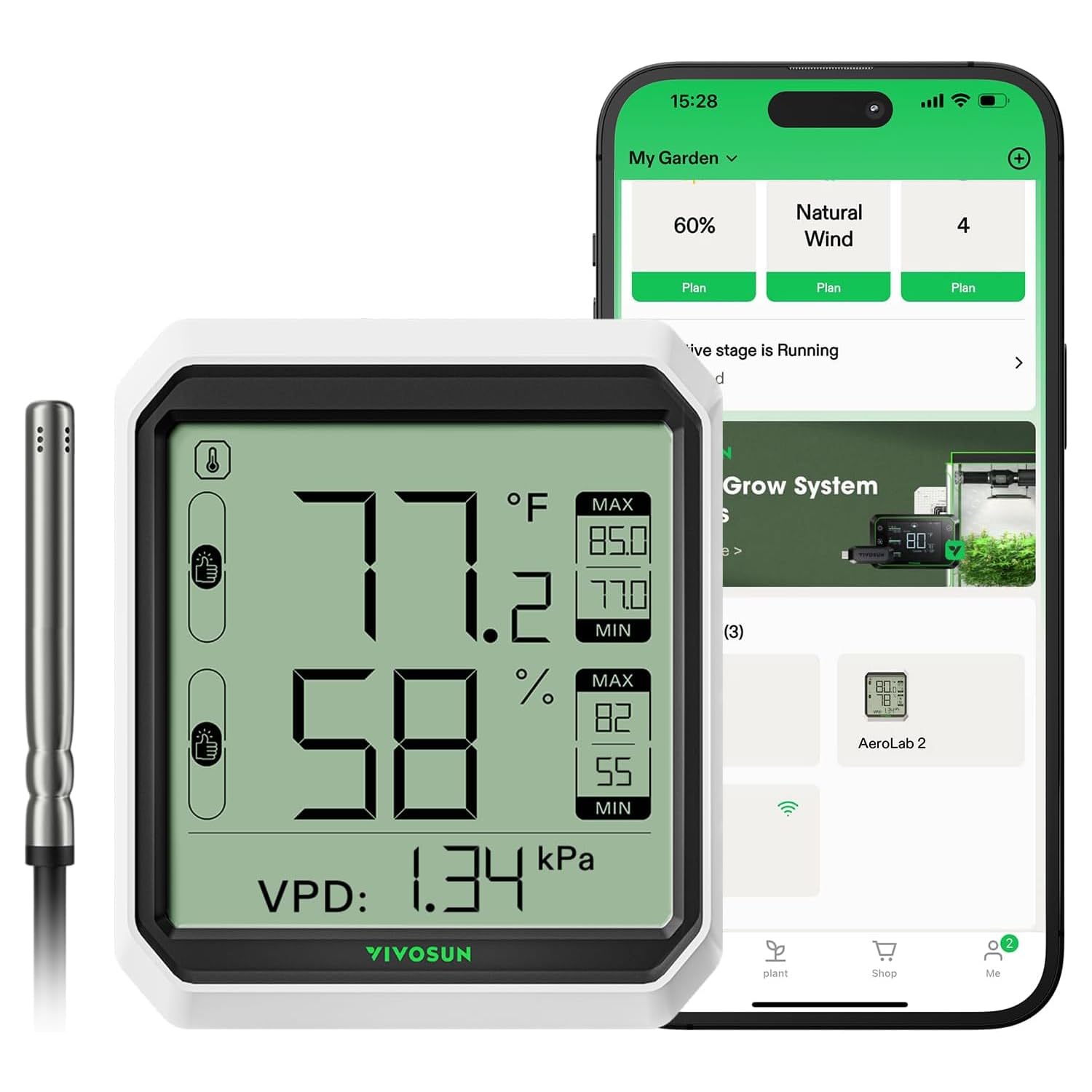 VIVOSUN AeroLab THB1S unit front view for quick room climate checks