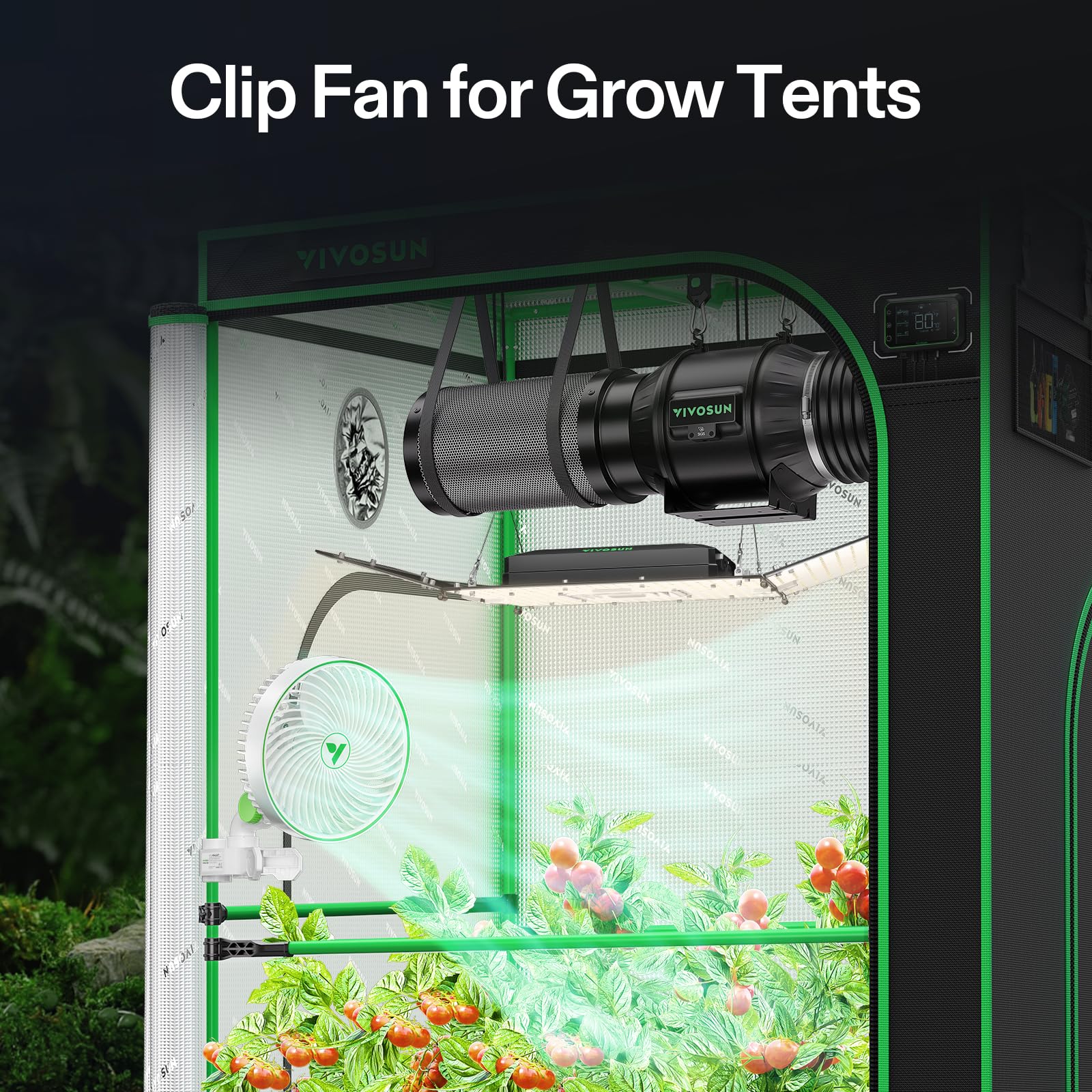 VIVOSUN AeroWave E6 clip fan mounted on a pole demonstrates secure clamp without surface damage.