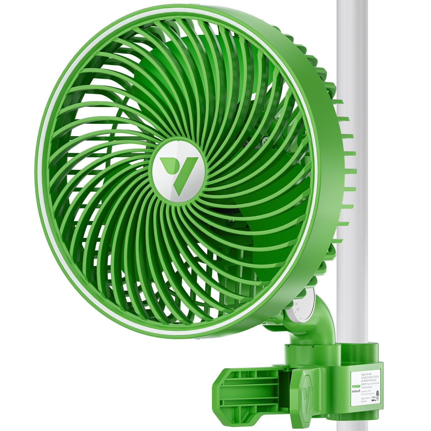 VIVOSUN AeroWave E6 clip fan mounted securely on tent pole for stable airflow