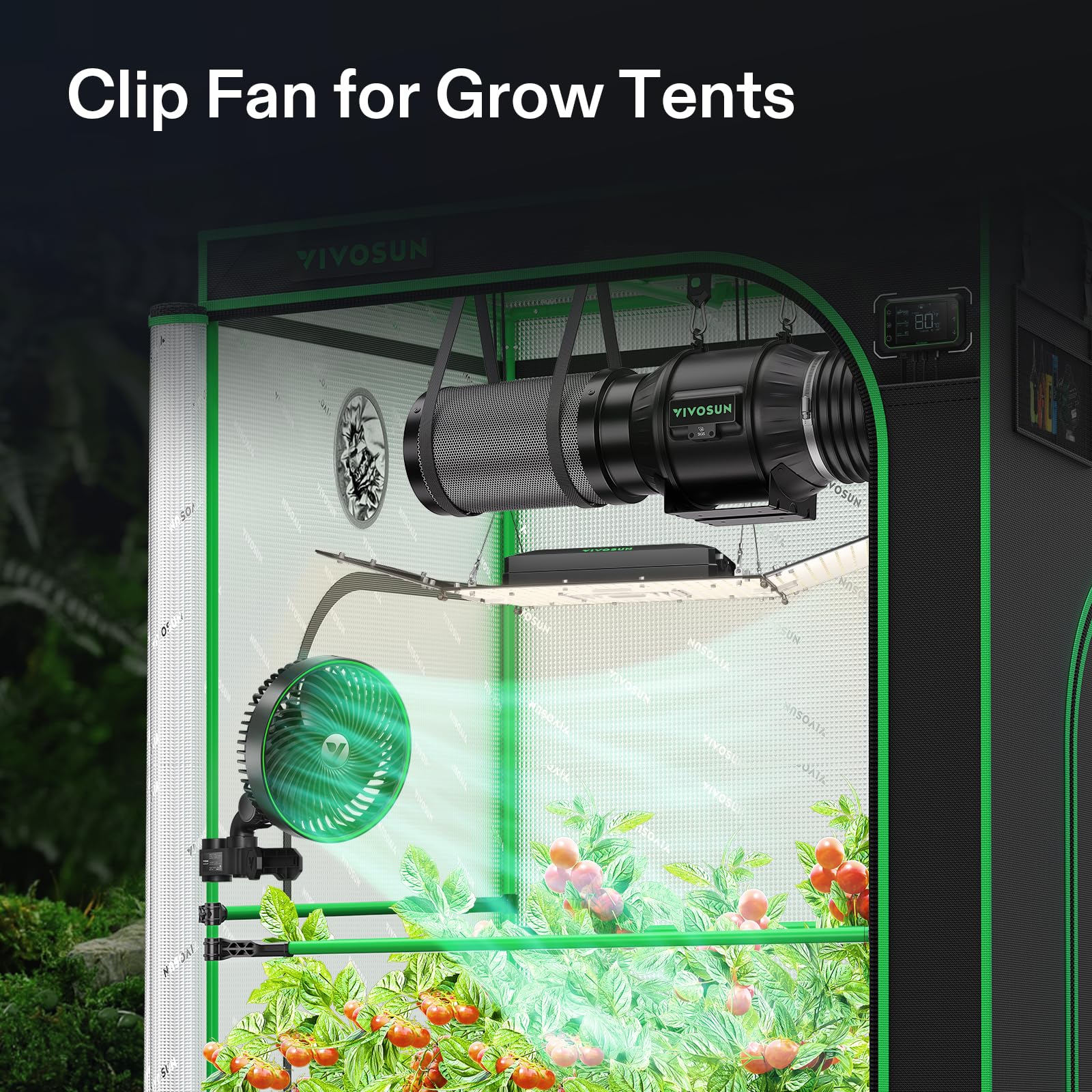 VIVOSUN AeroWave E6 Gen2 clip fan showing adjustable 6 inch oscillation for targeted airflow